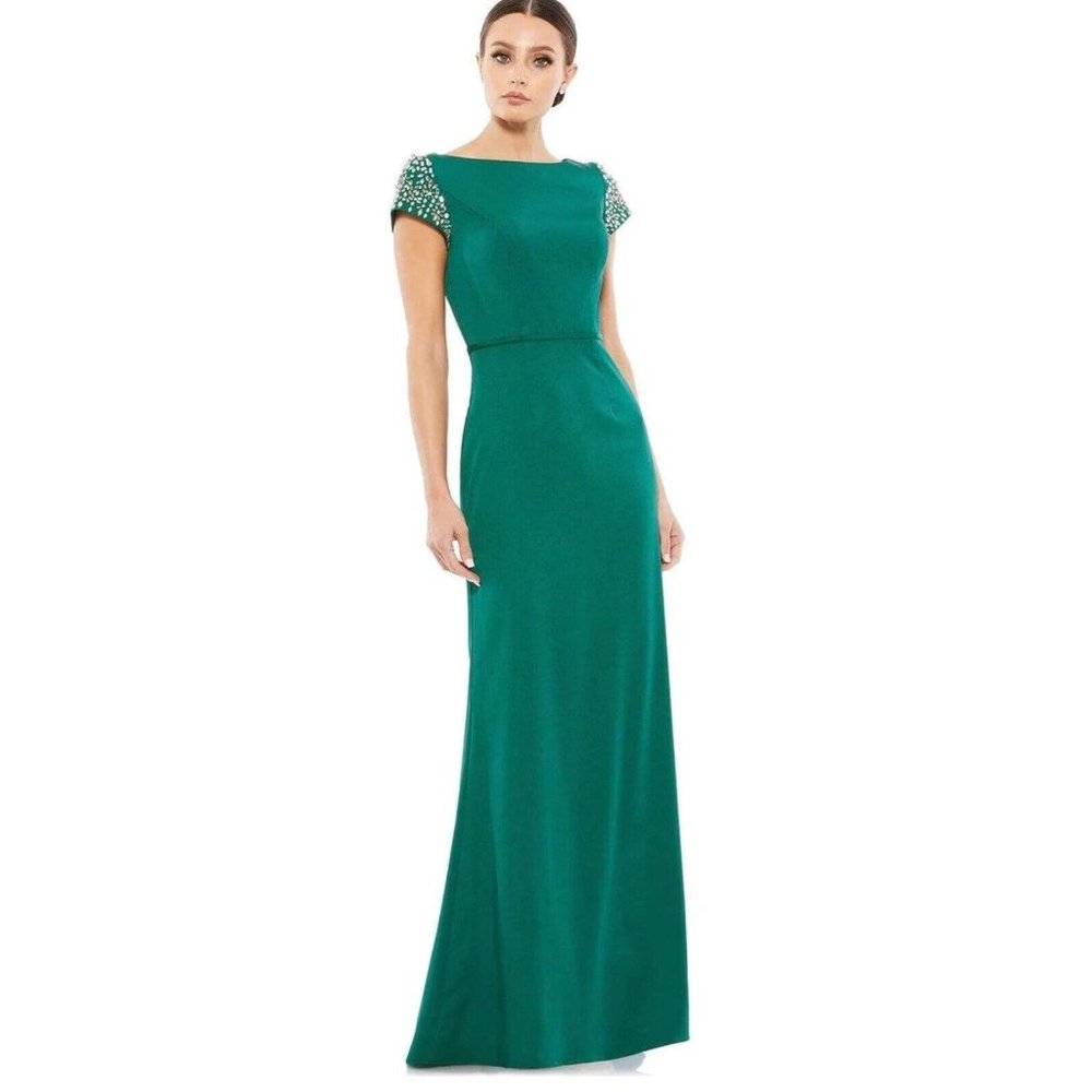 Mac Duggal Evening Gown Dress Size 4 Emerald Green Beaded Sleeve 55718